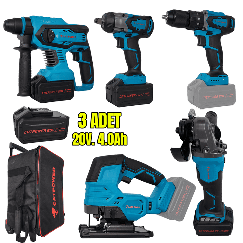 CATPOWER CAT4150 KÖMÜRSÜZ AKÜLÜ SET: DARBELİ VİDALAMA / KIRICI-DELİCİ / AVUÇ TAŞLAMA / SOMUN SIKMA / DEKUPAJ 20V 4.0aH Lİ-İON resmi